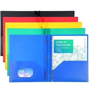 KTRIO Plastic Pocket Folders with Prongs, 5 Pack 2 Pocket Folders 3 Prong Folders with Pockets and Brads Heavy Duty Letter Size Colored Plastic Folders with Pocket and Prong for School Office Home